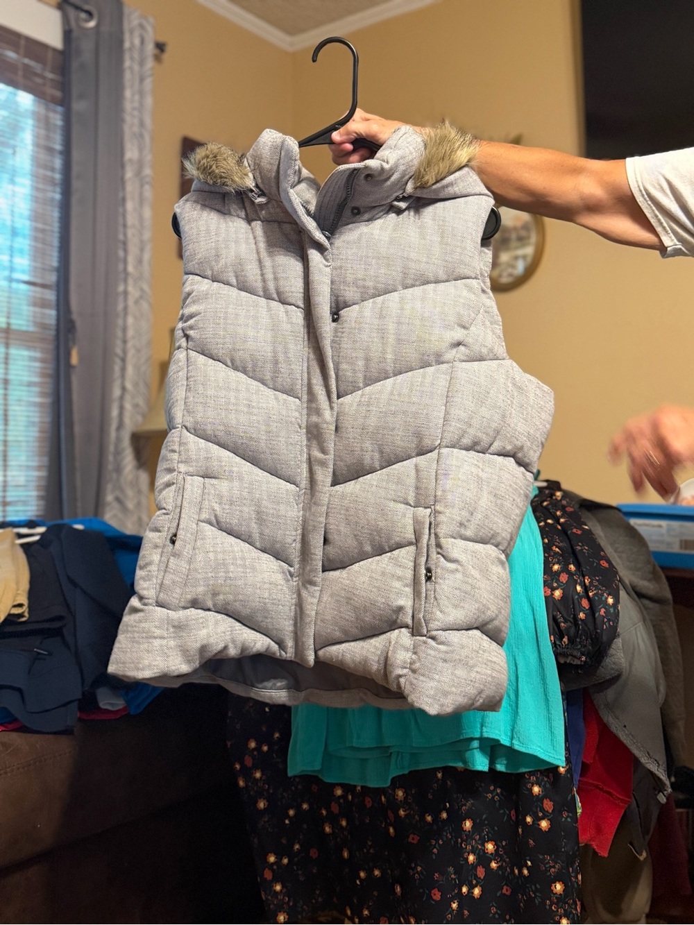 GAP Light Gray Quilted Puffer Vest with Faux Fur Hood